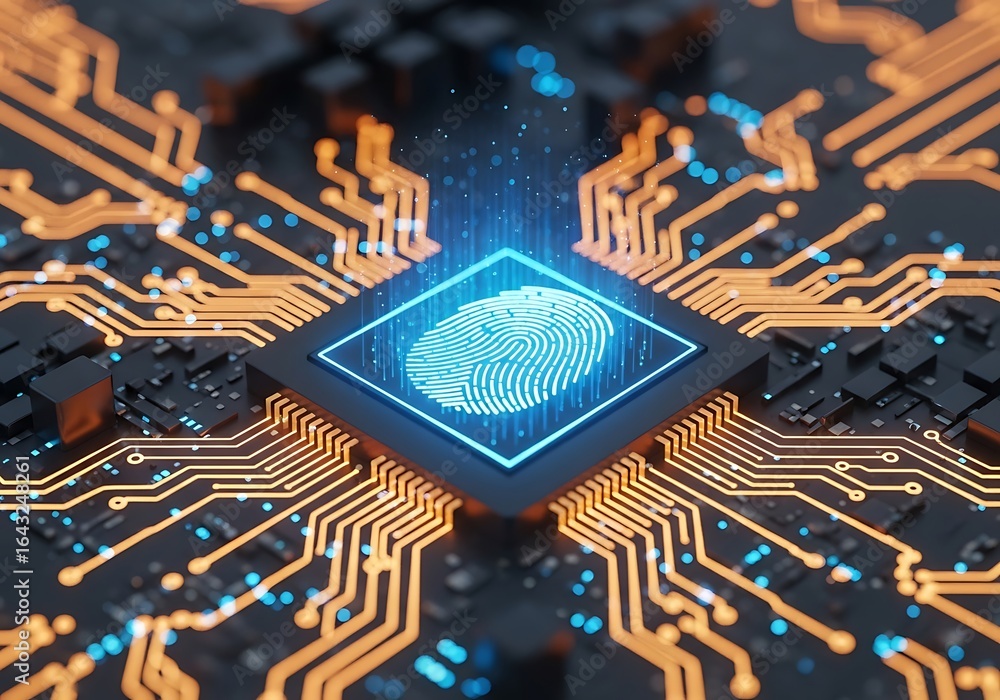 Poster a central computer processor featuring a glowing blue fingerprint scan, surrounded by illuminated or