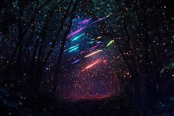 Magical forest illuminated by vibrant multicolored shooting stars at twilight