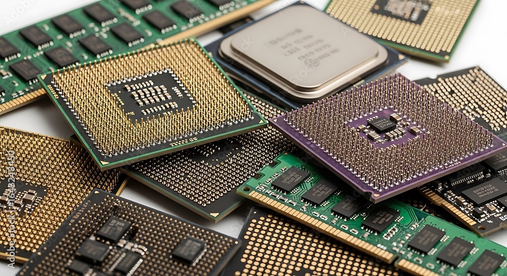 Poster a collection of various computer processors cpus and ram modules, showcasing electronic components a