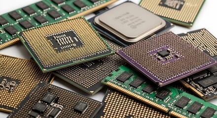 A collection of various computer processors cpus and ram modules, showcasing electronic components and hardware technology, isolated on a white background