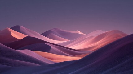 A stunning landscape of softly rolling hills in vibrant hues of purple and pink during sunset.