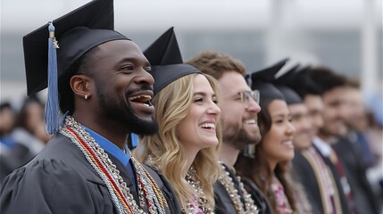 Fototapeta premium A diverse group of graduates in caps and gowns celebrating academic success at a commencement ceremony, marking the achievement of a major life milestone.