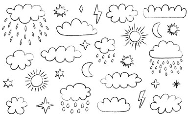 Crayon clouds. Crayon childish chalk clouds, sun and stars. Naive childish doodle clouds. Pencil scribbled texture.