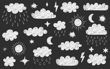 Crayon clouds. Crayon childish chalk clouds, sun and stars. Naive childish doodle clouds. Pencil scribbled texture.