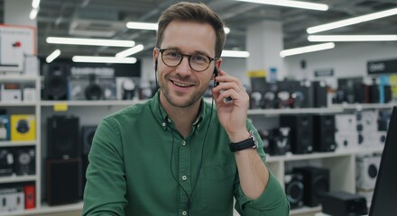 Smiling Man with Glasses Wearing Earphones in Electronic Store, Smiling and Working with Technology