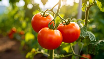 Vine-ripened red tomatoes, juicy and fresh, are a healthy and organic vegetable for eating or a vegetarian diet