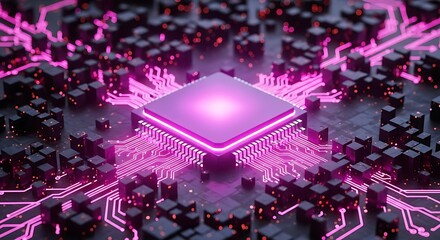 Abstract futuristic visualization of a glowing purple cpu processor chip surrounded by interconnected circuits, representing advanced technology and data flow