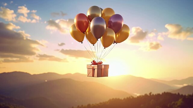 Colorful balloons lift a gift box into the sky above mountains during a beautiful sunset with fluffy clouds