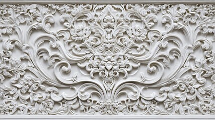Obraz premium Handcrafted white reliefs, intricate floral patterns and swirls, luxurious wall decoration in the living room or bedroom add vintage charm to the interior design.