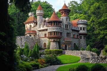 Castle with brightly shining walls stands cheerfully against a backdrop of majestic mountains and clear blue skies