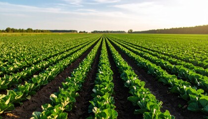 Green rows of plants grow in a rural summer farm landscape under a blue sky