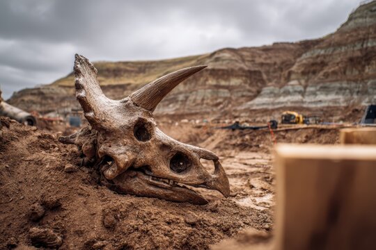 Excavation site with exposed Triceratops skull in desert environment, archaeological tools and sedimentary rock layers
