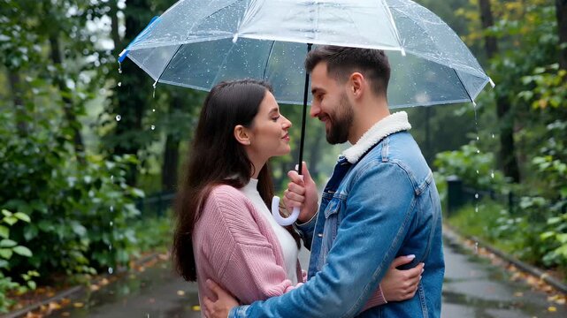 Romantic couple sharing an umbrella while enjoying a rainy day in the park surrounded by trees and greenery