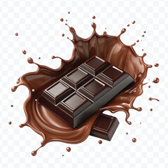 realistic 3d dark chocolate bar into liquid chocolate splash with bubbles in curve style isolated on transparent background