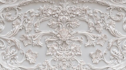 Handcrafted white reliefs, intricate floral patterns and swirls, luxurious wall decoration in the living room or bedroom add vintage charm to the interior design.