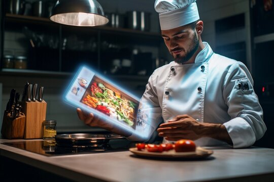 Chef engages with holographic recipe book while preparing meals in a modern kitchen