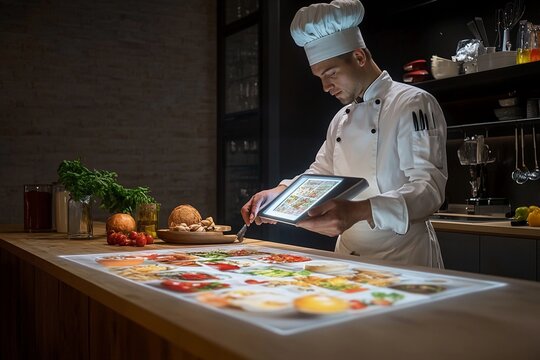 Chef engages with holographic recipe book while preparing meals in a modern kitchen