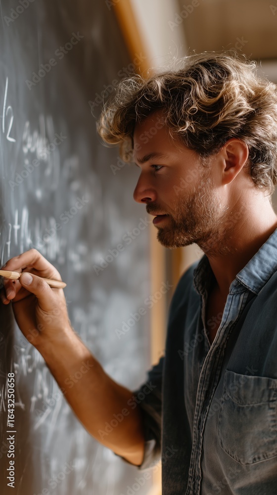 Poster Educator explaining complex math concepts on a chalkboard in a bright classroom setting during the day