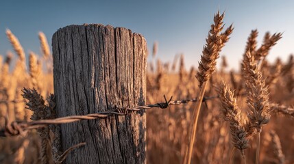Rustic wooden fence post with barbed wire stands amidst a field of golden wheat stalks
