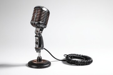 A vintage microphone stands on a round base connected by a coiled cable on a plain background