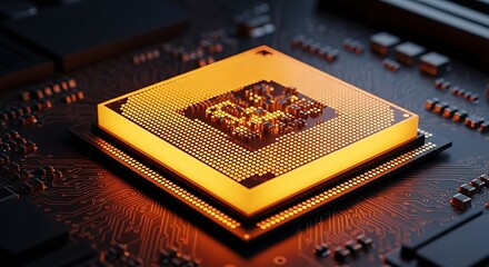 Closeup view of a glowing orange cpu processor on a computer circuit board, representing technology and innovation