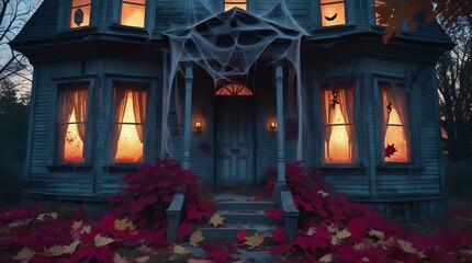 spooky halloween house at twilight with glowing windows, cobwebs, autumn leaves, and eerie decorations in haunted setting  
