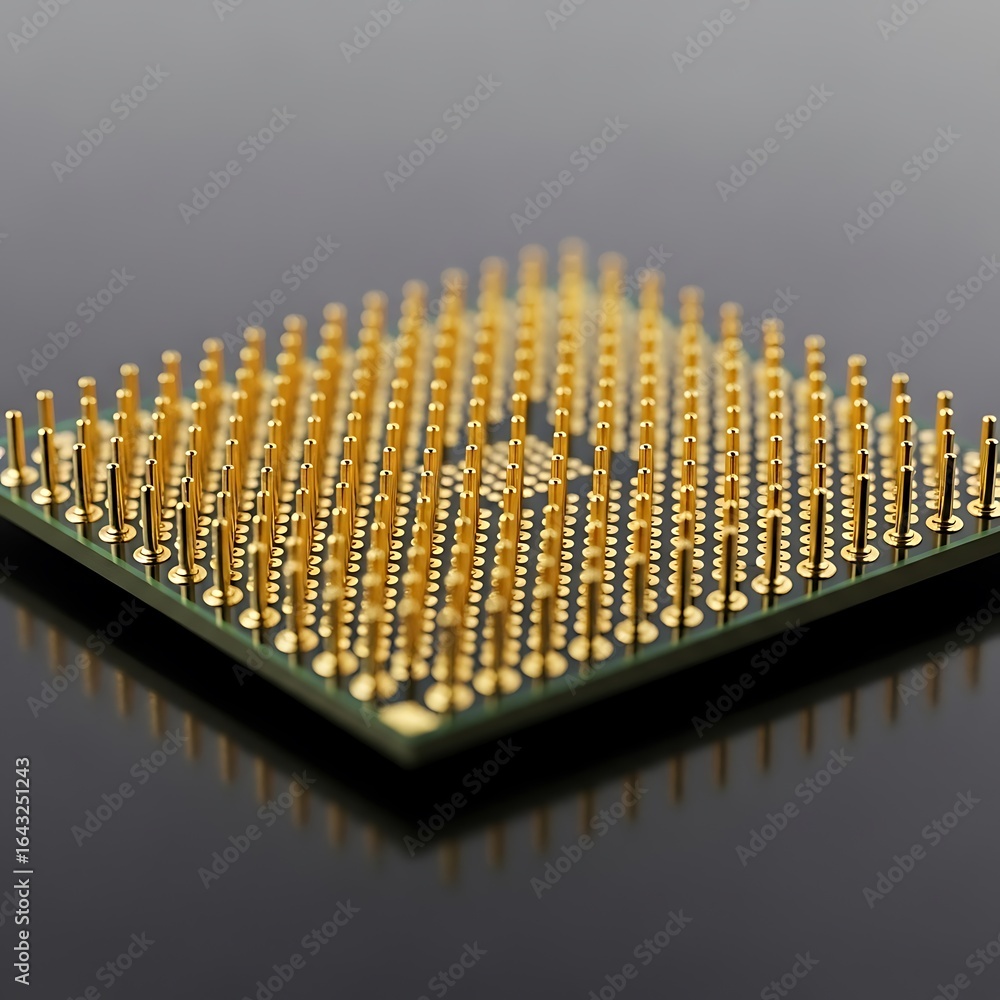 Poster extreme closeup of a computer processor with numerous gold pins, highlighting intricate hardware and