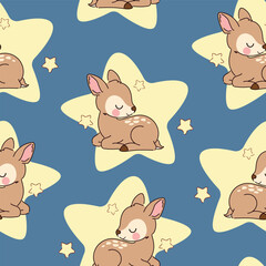 Sleeping fawn seamless pattern with stars hand drawn vector