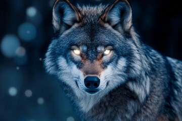 Fototapeta premium Wolf with radiant eyes reflects the power of the moon in a mystical forest setting under twilight sky