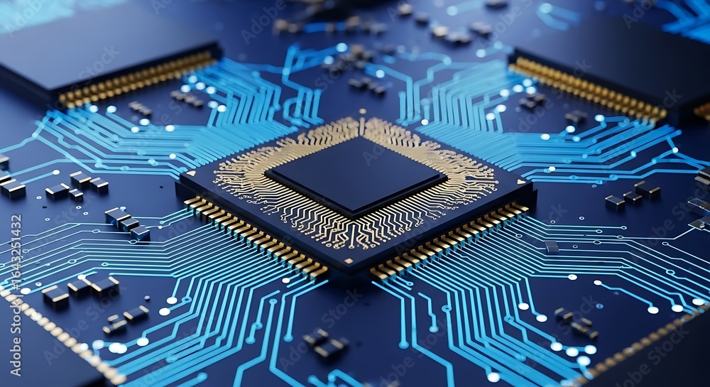 Poster detailed view of a dark cpu chip with intricate blue illuminated circuit pathways on a black electro