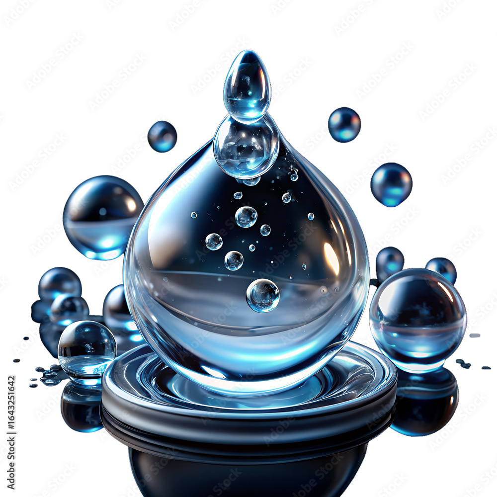 Poster a captivating 3d render showcases a pristine water drop, surrounded by smaller spheres, all reflecti