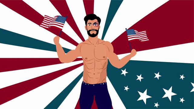 Shirtless Blonde Man with Rainbow Flag Halo Looking Proud and Serene