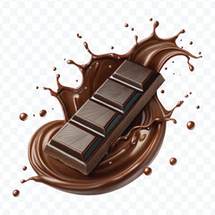 realistic 3d dark chocolate bar into liquid chocolate splash with bubbles in curve style isolated on transparent background