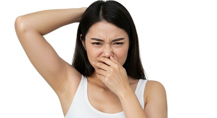 Fototapeta premium Woman with arm raised covering nose with disgusted expression suggesting odor