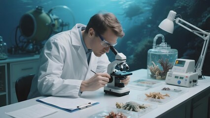 Scientist examining marine samples under a microscope in an underwater-themed laboratory
