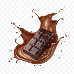 realistic 3d dark chocolate bar into liquid chocolate splash with bubbles in curve style isolated on transparent background