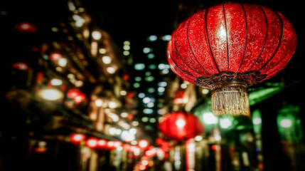 Vibrant Red Chinese Lanterns Illuminating a Bustling Night Market
