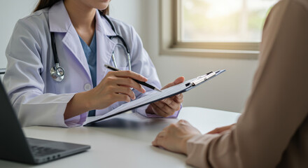 Fototapeta premium Doctor Consulting Patient with Clipboard and Pen.