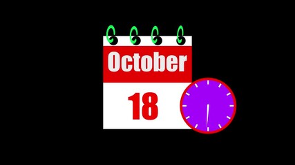 18 October month calendar with time symbol. Simple calendar icon animation and date change of time month.Analog calendar design month concept animation 4k video.
