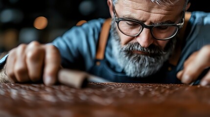 Mature craftsman with gray beard and glasses examining leather texture in workshop. Close-up view shows attention to detail and professional expertise.