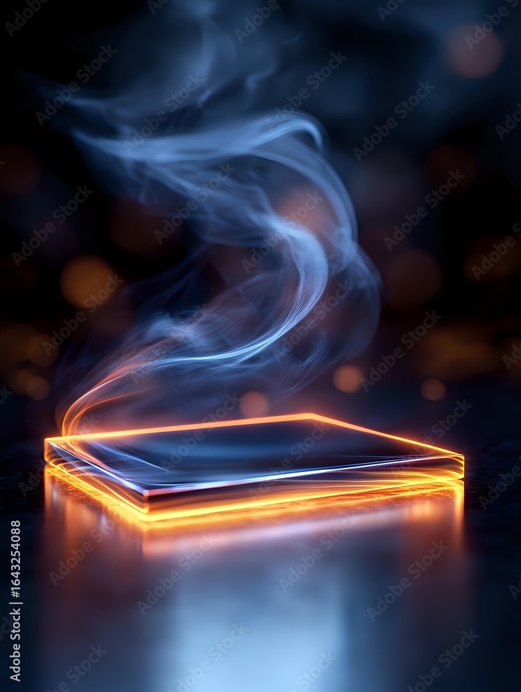 Poster glowing neon orange and blue rectangular platform with rising ethereal smoke against dark background