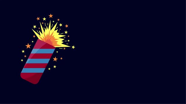 Single patriotic firework rocket with bursting stars in midnight sky