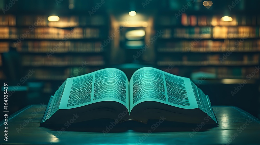 Poster open book with glowing pages in dark library setting, illuminated by soft ambient lighting creating 