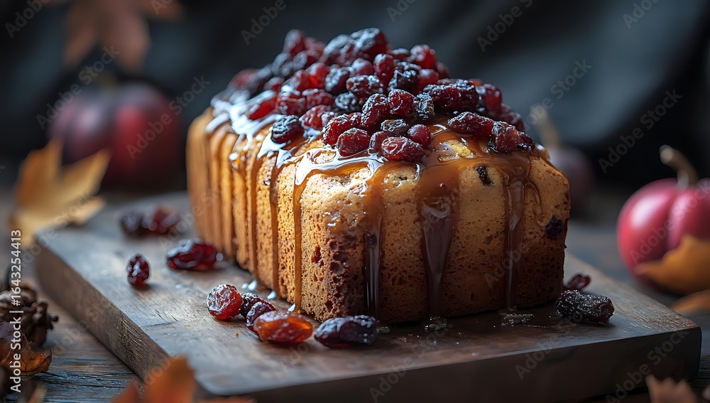 Poster fresh baked pound cake topped with cranberries and caramel drizzle on rustic wooden board, moody aut