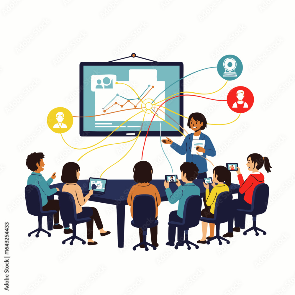 Poster a diverse group of people attends a modern business meeting, using tablets and a large screen for co
