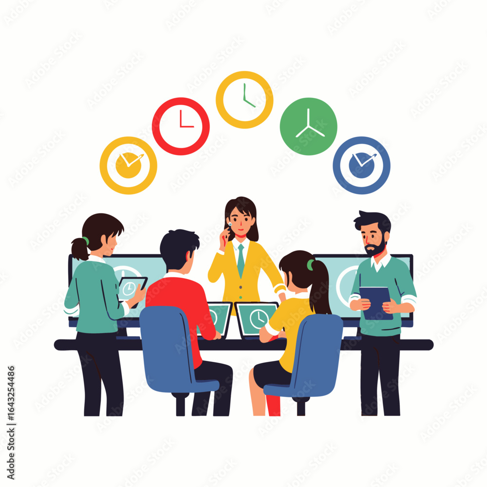 Poster a diverse team of professionals collaborates efficiently in a modern office environment, effectively