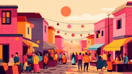 Vibrant street market celebration colorful town digital art urban scene eye-level view community spirit
