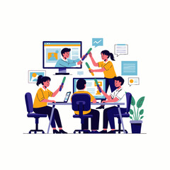 Diverse professionals collaborate in a modern office, engaging with digital screens, sharing ideas, and achieving business objectives efficiently.