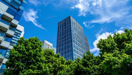 Obraz premium Urban cityscape with towering buildings and lush greenery