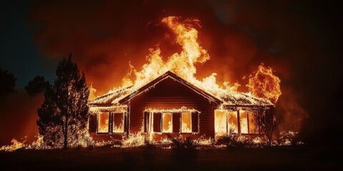 Fototapeta premium Inferno Strikes a Tranquil Dwelling, Flames Engulf Home Under a Dark Sky Filled With Smoke